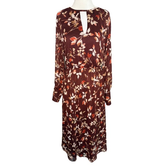 Calvin Klein Floral Midi‎ Dress Long Sleeve Keyhole Neck Fall Colors Size 4 NWOT - Picture 1 of 7